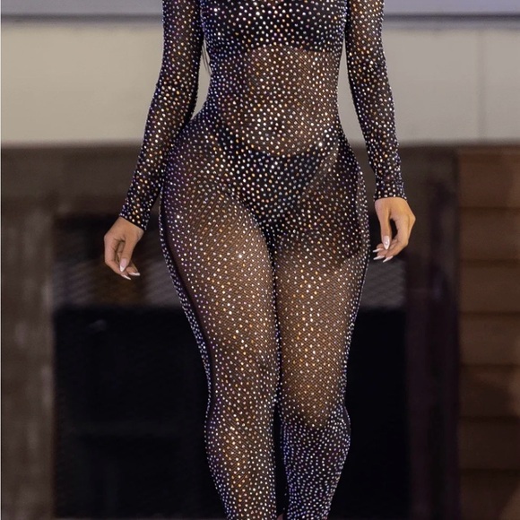 Hot Miami Styles Other - Hot Miami Styles Black Sheer Rhinestone Jumpsuit